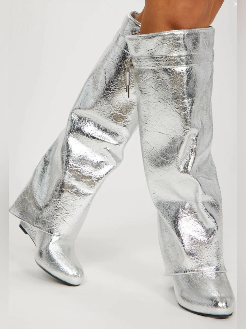 NWOB Fashion Nova Metallic Silver Knee-High Wedge Boots Size 9